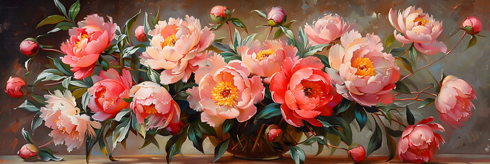 Oil painting of a bouquet of pink peonies in a vase,
A painting of a vase with pink roses