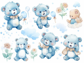 Watercolor baby bears vector illustration set collection on isolated white background
