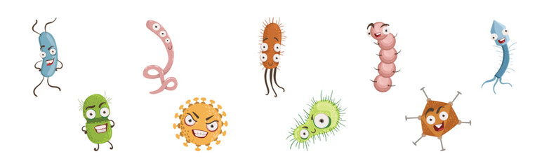 Bacteria and Microbe Cute Germs with Faces Vector Set