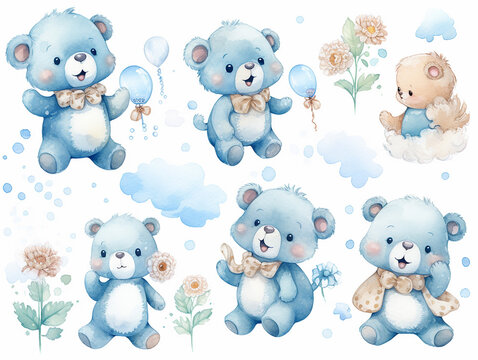 Watercolor Baby Bears Vector Illustration Set Collection On Isolated White Background