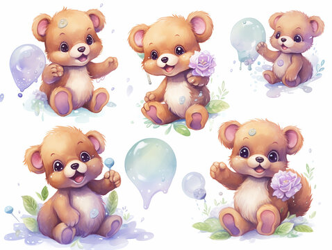 Watercolor Baby Bears Vector Illustration Set Collection On Isolated White Background