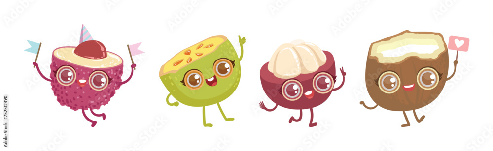 Poster Funny Fruit Character with Big Eyes and Happy Faces Vector Set