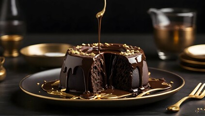 Chocolate Lava Cake it that has chocolate ganache liquid chocolate pouring out when sliced open on a solid 24k carat gold plate with large glass of cholate milk and perfectly placed utensils - obrazy, fototapety, plakaty