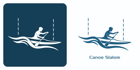Canoe slalom icons. Emblem of Athlete in kayak paddling and navigating through waves and slalom gates. - obrazy, fototapety, plakaty