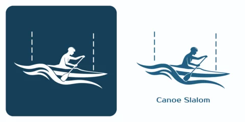Foto op Canvas Canoe slalom icons. Emblem of Athlete in kayak paddling and navigating through waves and slalom gates. © Al Suerte