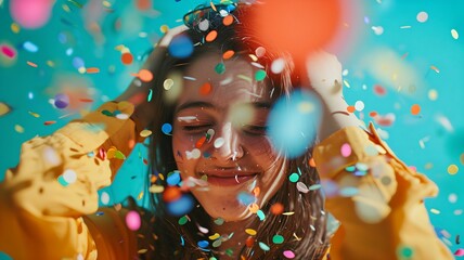closeup portrait of a happy woman. confetti background. Winner concept. For banner, design, thumbnail, social media, cover, calendar, wallpaper, pride month