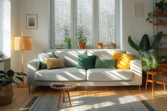 Colorful interior design of modern apartment with fabric sofa and green home plants. Interior mockup. Generative AI