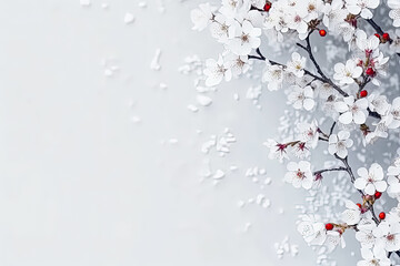 Spring blooming background with copy space. Branches of a flowering tree with white flowers and red buds.