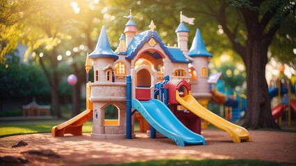 Children's playground with slide and fantasy castle house - obrazy, fototapety, plakaty