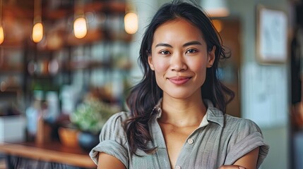Smiling woman with crossed arms standing in a cozy café environment.