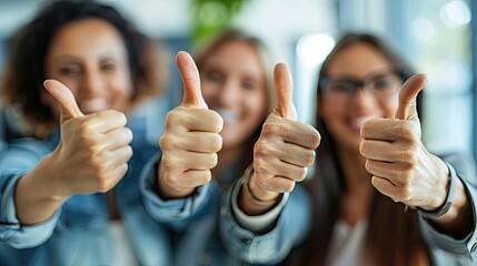 Four diverse hands with thumbs up in a natural, bright background.