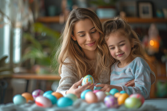 A woman and her little daughter decorate Easter eggs together in a bright, cozy living room