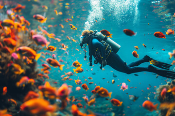 A female scuba diver swims underwater among many exotic fish - obrazy, fototapety, plakaty