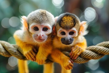 Fototapeta premium Adorable squirrel monkeys with expressive eyes cling to a rope against a bokeh background, looking at the camera