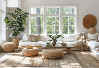 Interior design of modern apartment with fabric sofa, table with home decor, green plants. Interior mockup. Generative AI