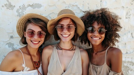 Three smiling friends in hats and sunglasses against a wall.