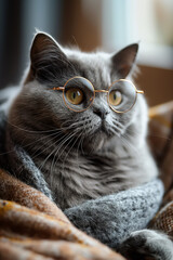 Graue Katze mit Brille in Nahaufnahme