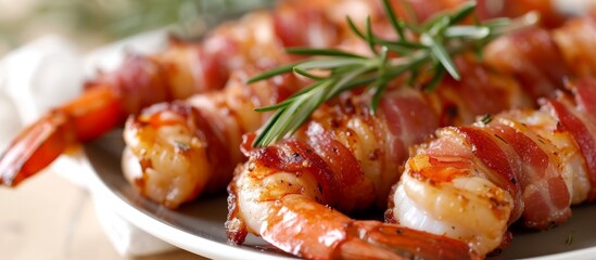 Delicious plate with shrimp and crispy bacon wrapped in bacon served on a white plate