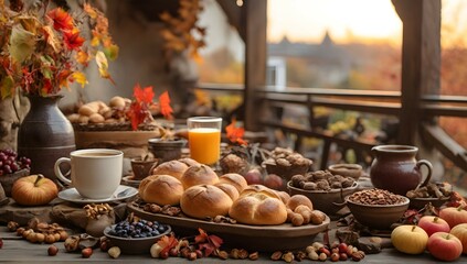 View to a rustic terrace filled with pots with autumn flowers and a vine full of red leaves and bunches of grapes. In the foreground a wooden table with a copious breakfast, coffee, bowls, vases and p - obrazy, fototapety, plakaty