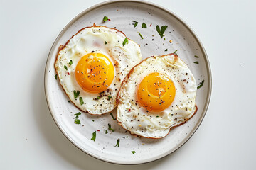 two fried eggs on a plate on a white background, top view