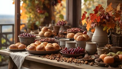 View to a rustic terrace filled with pots with autumn flowers and a vine full of red leaves and bunches of grapes. In the foreground a wooden table with a copious breakfast, coffee, bowls, vases and p - obrazy, fototapety, plakaty