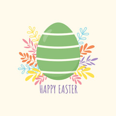 Happy Easter greeting card design with egg and leaves. Vector illustration