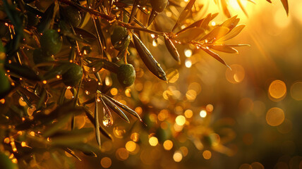 Warm Sunlight Illuminating Raindrops on Olives