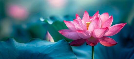 Beautiful pink lotus flower floating in a serene blue background, symbolizing purity and enlightenment