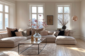 Fototapeta na wymiar Interior design of modern apartment. Interior mockup. Scandinavian interior design. Generative AI