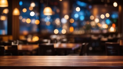 Empty dark wooden table in front of abstract blurred restaurant background - obrazy, fototapety, plakaty