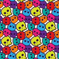 Small bright colorful multi-colored skulls isolated on a white background. Cute seamless pattern. Vector simple flat graphic illustration. Texture.