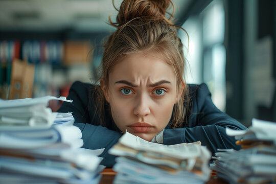 Upset employee wooman in a business suit at work in the office who is worried about overpaying taxes