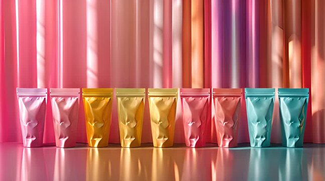 Assortment of pastel-colored packaging bags designed for coffee or tea