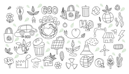 Ecology and ecological lifestyle. outline hand drawn set. No plastic, go green, Zero waste concepts, reduce, reuse, refuse, car and house, grocery bags solar battery. Isolated linear vector doodles