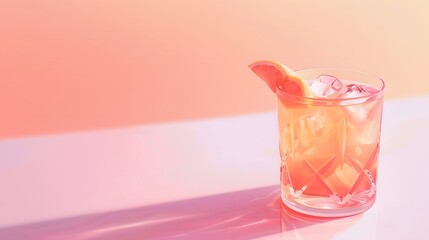 Orange cocktail with a slice of fruit. Crystal glass and its shadow. Background of pastel colors.