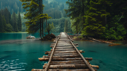 Wooden bridge leading over a turquoise lake