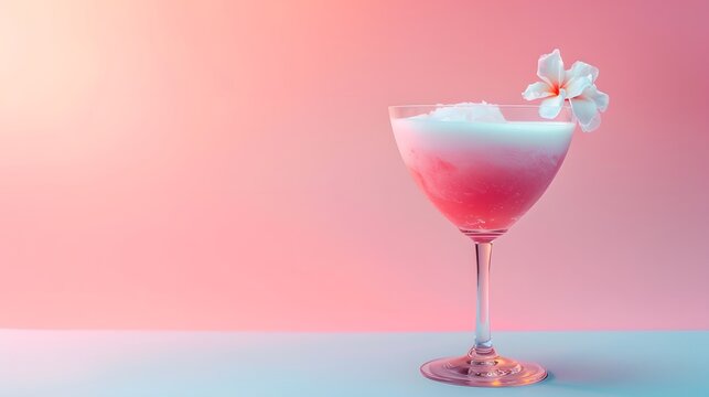 A beautiful red sparkling cocktail. A flower in a cup. Pink background . Pastel blue table.