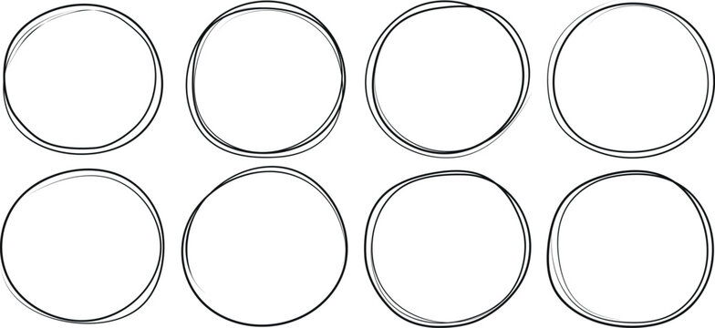 Hand drawn circle line sketch set. Vector circular scribble doodle round circles for message note mark design element. Pencil or pen graffiti bubble or ball draft illustration. Frame for textbox. 
