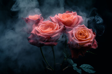 Rote Rosen vor schwarzem Hintergrund mit viel dunklem Rauch zwischen ihren Blütenblättern