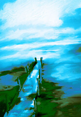 Impressionistic Old, Aged, & Weathered Wooden Dock Over Lake Water - Hues of Blue, Aqua & Brown and/or Tan