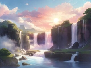 Ephemeral Waterfall Symphony: AI-Crafted Anime Wallpaper Featuring a Tranquil Waterfall Illuminated by the Setting Sun, Surrounded by Ethereal Clouds, Infused with Soft Tones and Pastel Hues for a Cap