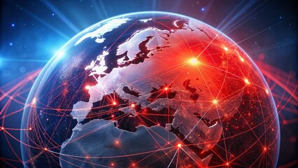Obraz premium Digital world globe centered on Europe, concept of global network and connectivity on Earth, data transfer and cyber technology, information exchange and international telecommunication