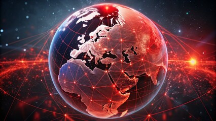 Obraz premium Digital world globe centered on Europe, concept of global network and connectivity on Earth, data transfer and cyber technology, information exchange and international telecommunication