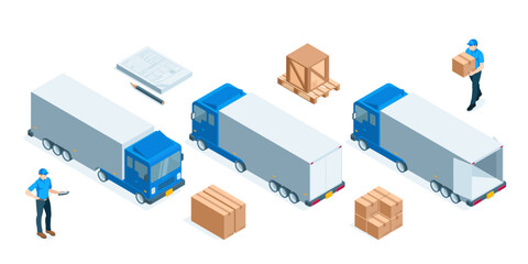 isometric set of large trucks and boxes, in color on a white background, loader driver and waybill, transportation of large cargo