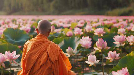 monk in orange kasaya meditates among lotus flowers Background for the holiday Vesak, Wesak day Buddha Purnima copy space