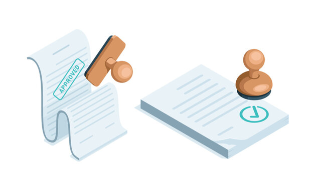 isometric stamp icon with document and checkmark in color on white background, approve or accept