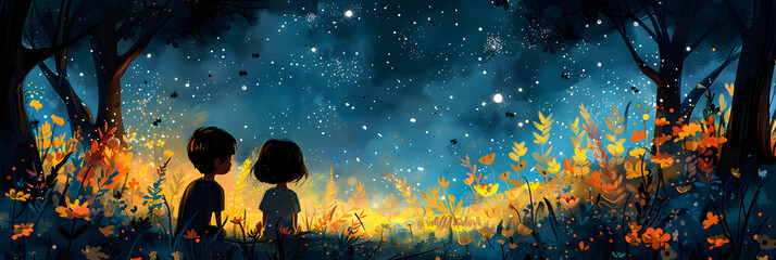 Printable illustration Funny Little Kids in the Forest,
The boy and girl are looking at the stars
