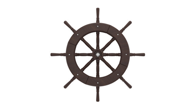 Dark wood ship wheel or helm isolated on transparent and white background. Ship concept. 3D render
