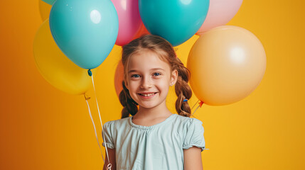 Fototapeta na wymiar A little girl holding balloons against a soft yellow background