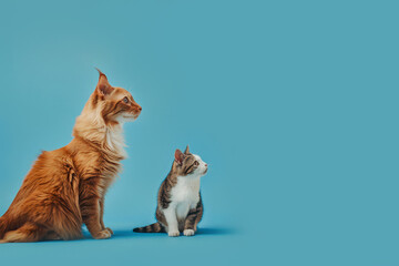 Cats sitting and looking one way on blue background